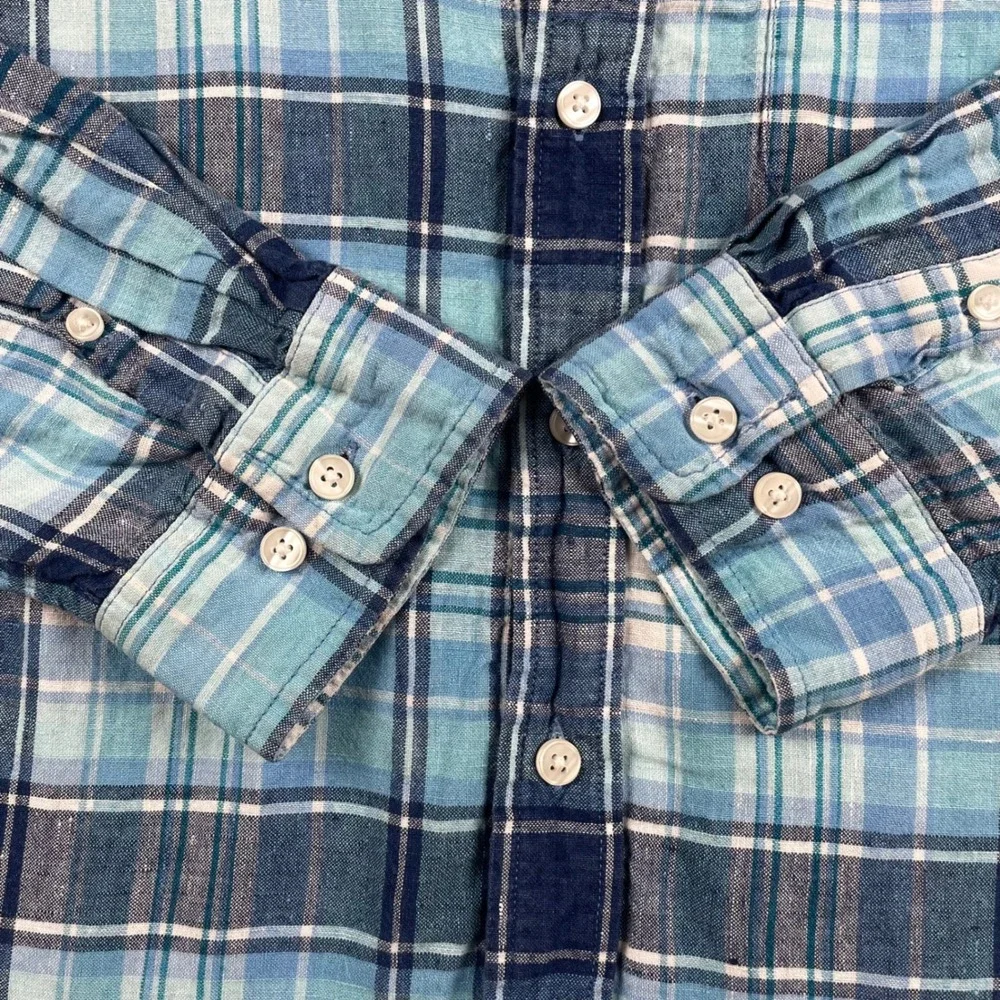 LL Bean Shirt Men LT Large Tall Blue Plaid 100% Linen Slightly Fitted Button Up - Picture 4 of 12